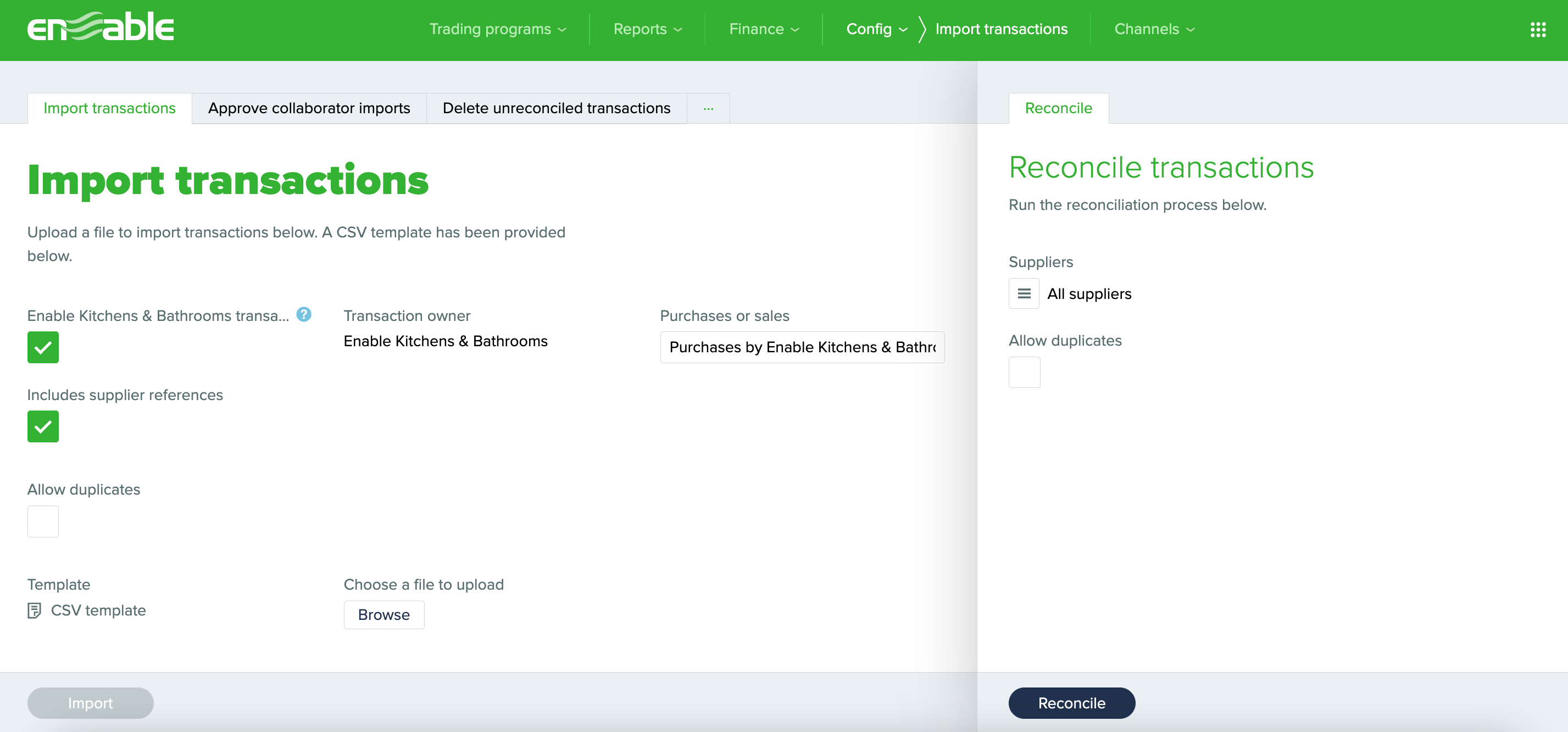 Import transactions page