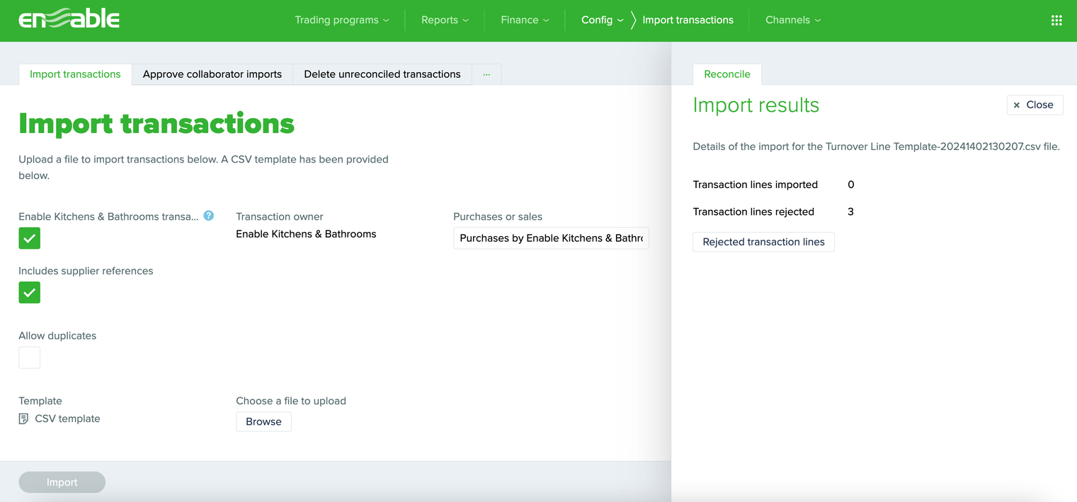 Import transactions: Import results